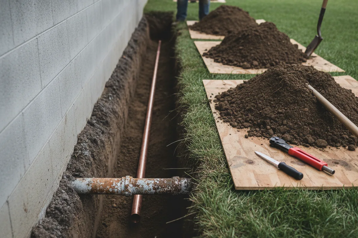 Excavated water line trench during Water Heater Repair in New Brighton